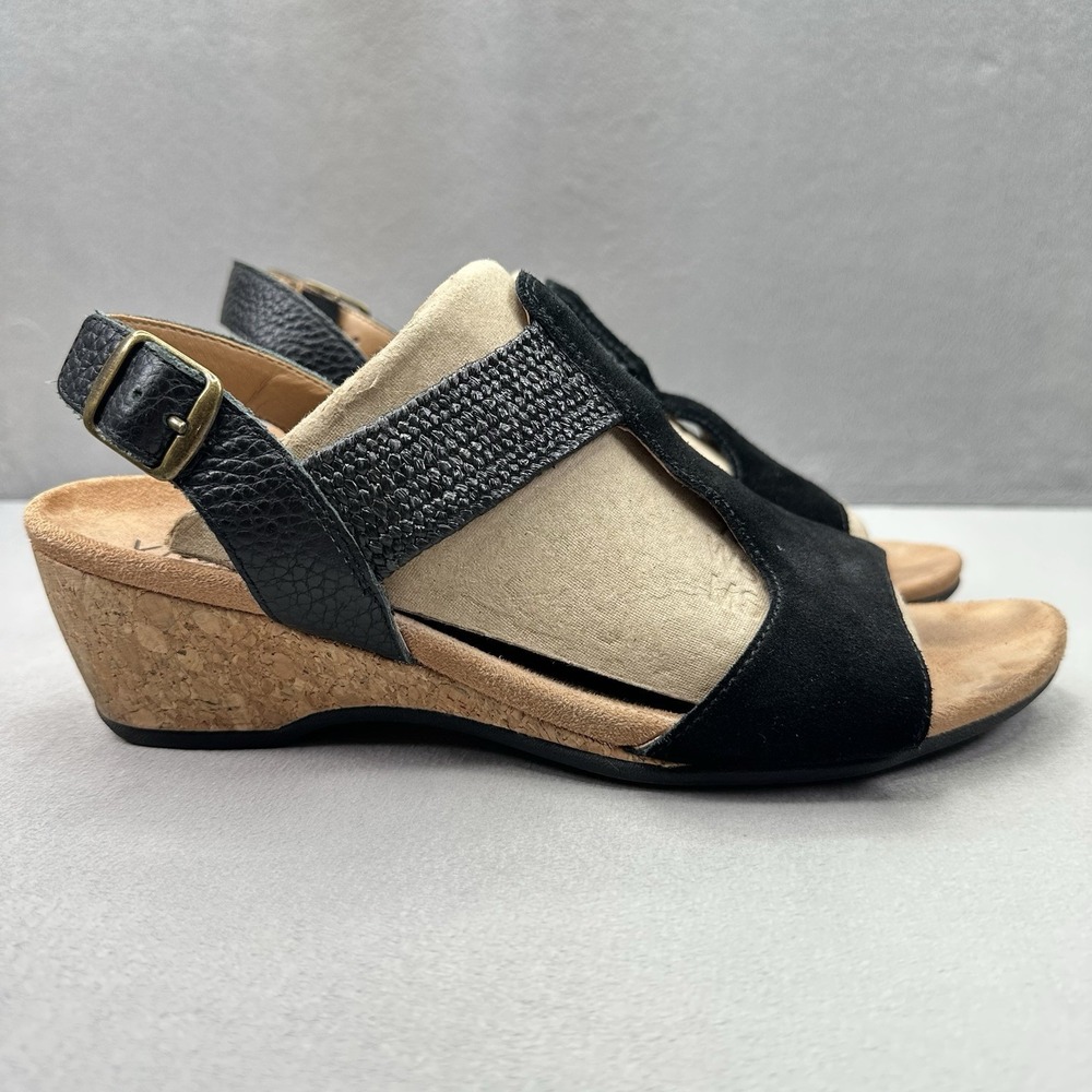 Vionic Kaytie Womens Size 9 Wedge Sandals Black Suede Braided-Strap Comfort